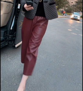 Fall 2024 Womens High Waist Slimming Leather Pants Casual Fashionable Sheepskin Wide Leg Nine Pointed Commuter Style