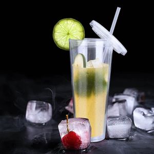 QUA 350/450/650ml Clear Tumbler Double-Layer with Lid and Straw Water Bottle Smoothie Cup Transparent Iced Coffee Cup Milk