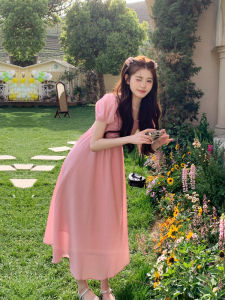 Pink Sweet Girl Beautiful Spicy Long Skirt Womens Summer Gentle Slim Bubble Sleeve Dress Korean Style A-Line Midi Dress
