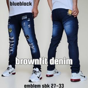 Celana Jeans Sobek Pria Panjang Emblem Stretch Melar Denim Tebal Slimfit Skinny Size 28-33