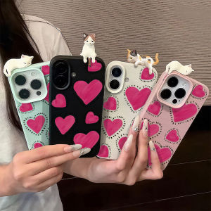 เคสหนังลายหัวใจรักพร้อมแมวน่ารักแบบ 3 มิติ สำหรับ iPhone 17 Pro Air Cover iPhone 14 11 17 15 16 12 13 Pro Max Plus ป้องกันการกระแทก
