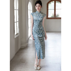 New Chinese Style Silk Velvet Printed Blue Qipao