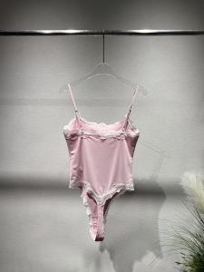 Low-Waist Triangle Lace Patchwork Pink One-Piece Womens Top Spring Summer New Style Sleeveless Cotton Short Pants