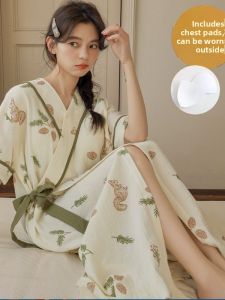 Summer Thin Cotton Kimono Robe Womens Home Clothes Short Sleeve One-Piece Sleepwear V-Neck Print Long Dress Sweet Style