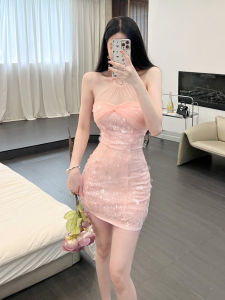 ชุดเดรสสั้นผู้หญิงสีชมพูโบว์ผีเสื้อเซ็กซี่ เดรสราตรียาวประดับเลื่อมระยิบระยับ ชุดราตรีหรูหรา ชุดเดรสยาวปานกลาง ชุดเดรสสั้น