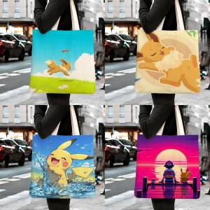 Bandai | Pokemon Pikachu Storage Bags Tote Bag Travel Summer Beach Shoulder Bag Reusable Grocery Shopping Bag Anime Artwork