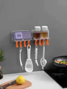 Multifunction Hanger Phone Stand Waterproof Hook Key Hanger Rack Adhesive Wall Mounted Expendable Kitchen Wall-mounted storage rack