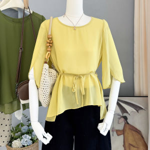 LIYANGANG | Irregular Belted Lightweight Summer New Short Sleeve Sun Protection Stylish Slimming Chiffon Blouse