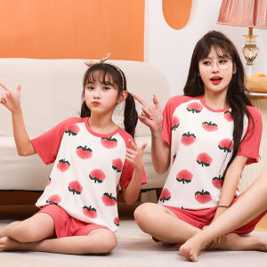 Girls Summer Ice Silk Thin Short Sleeve Sleepwear Set Childrens Home Clothes Anti-Uv Anti-Infrared Moisture Wicking Antibacterial