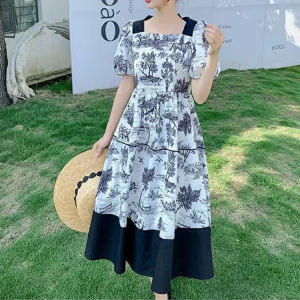 Váy Cổ Vuông in Họa Tiết Sơn Mài Thời Trang Cổ Điển Mùa Hè Mới Thiết Kế Váy Nữ Thanh Lịch Không Tay Váy Chữ a