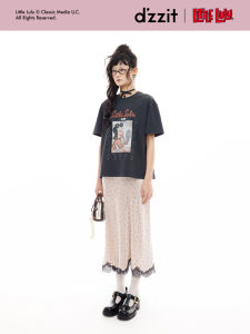 Dzzit Loose Womens Short Sleeve T-Shirt Casual Style Pure Cotton round Neck Top for Autumn Season Little Lulu Collaborative Series