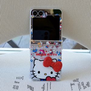 Sanrio | Ốp Lưng Kim Cương Lấp Lánh Sanrio Hello Kitty Dễ Thương Cho Samsung Galaxy Z Flip 8/7/6/5 Bảo Vệ Bản Lề Acrylic Có Dây Buộc Chống Sốc Chống Trầy Xước Chống Bụi