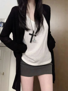 Áo len cardigan nữ Binkafenny màu đen mỏng dáng dài chống nắng