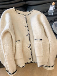 Soft Cozy Color Block Knitted Sweater Coat Korean Style Long Sleeve round Neck Design Sensation Top for Ladies Autumn Fashion