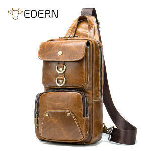 EDERN Genuine Leather Chest Bag for Men Retro Crossbody Bags High Capacity Mens Sling Bag Cowhide Shoulder Bag Sport Chest Pack
