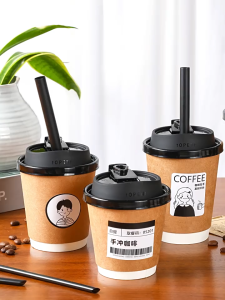 [Premium Quality] 3 Sets Disposable double-layer Coffee Milk Tea Soy Milk Paper Cup with Lid & Straw Anti-scald 300ML 8oz Suitable for Hot Drink