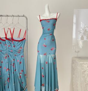 Impression Fashion Store Women Elegant Strap Print Stitching Lace Cinched Waist Bodycon Midi Fishtail Party Dress