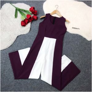 10564 Jumpsuit จั้มสูทแขนกุดขายาว ผ้าซาร่า ช่วงกางเกงเป็นลายทูโทน มีซิปหลัง