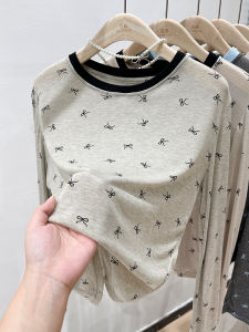 Bows Print Apricot round Neck Bottoming Shirt Womens Inner Wear New Arrival Autumn Stylish Loose Long Sleeves T-Shirt Tops