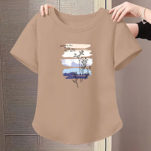 100% Pure Cotton Short Sleeve T-Shirt Womens Summer New Fashion Simple round Neck Large Size Printed Arc Top Ins Casual Loose Fit