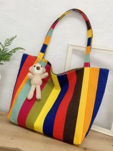 K-style Canvas Shoulder Bag Female Artistic Casual Handbag Large Capacity Zipper Student Bag Niche Style Stripes Bag