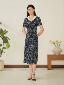 YINER | Summer Stylish Color-blocked Collar Star Print Silk Blend Dress