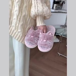 XIXITIAO Womens Autumn and Winter Cartoon Cute Thermal Soft Soled Kitten Word Cotton Slippers Home Indoor Plush Confinement Slippers
