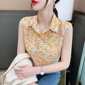 เสื้อเชิ้ตผ้าชีฟองแขนกุดคอปกพิมพ์ลายฤดูร้อน ทรงหลวม เสื้อเชิ้ตผู้หญิง เสื้อกั๊ก เสื้อตัวบน เสื้อผ้าทำงาน แฟชั่นสตรี