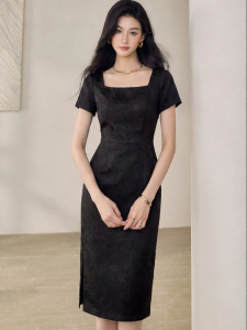 Roey s house | Đầm Dài Jacquard Đen Sang Trọng Phong Cách Trung Quốc