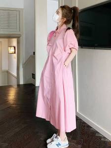 French Tea Break Pink Bubble Sleeve Dress Women Summer Sweet Youthful Loose Personality Slimming Shirt Collar Long Skirt