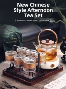Chinese Style Floral Tea Pot Cup Set Afternoon Tea Equipment Candle Heating Health Pot Brewing Tea Device 947g