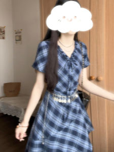 LIRUSHAN | Design French Style V-Neck Plaid Short Sleeve Dress
