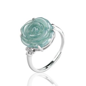 TIMESWIND Natural Jade Fashion Light Green Rose S925 Silver Open Women Ring with Certificate