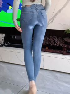 Blue High Waist Slim Fit Denim Jeans Womens Spring New Style Elastic Tightening Nine Points Pencil Long Pants Vintage Style