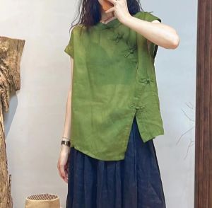 Pure Color Ramie Twill Chinese Knot Button Shirt Womens Summer Lightweight Breathable Chinese Asymmetrical Hemp Small Blouse Short Sleeve Tops