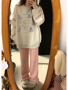 Pure Cotton American Retro Lazy Chic Hatless Sweatshirt Womens New Design Cartoon Hooded Long Sleeve Top Korean Style round Neck