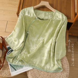 New Chinese Style Satin Jacquard round Neck Shirt Womens Summer Vintage Oblique Placket Tea Clothes Small Shirt Pullover Half Sleeve Tops Thin