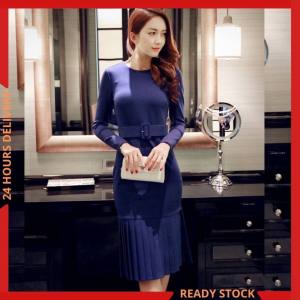 CFBOUTIQUE Korean Style Women Fashion Elegant Pleated Hem Long Sleeve Dinner Midi Dress