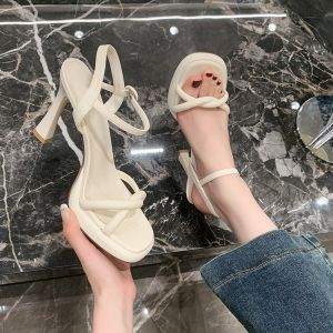 New Soft Comfortable Cross Band Toe-Open High Heels Waterproof Platform Square Head Fairy Style Sandals for Young Women