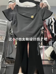 Slim Fit Short Sleeve T-Shirt Women Summer Square Collar Design Casual Cotton Blend Fashionable Korean Style Printed Top