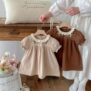 Girls Embroidered Short Sleeve Dress Summer Outfit Korean Style Princess Skirt Cotton Blend Fabric Soft Processing Daily Wear