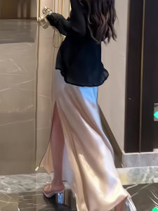 Elegant Cherry Blossom Split Acetate Satin Wrap A-Line Skirt Womens Summer High Waist Slimming Midi Skirt Korean Style