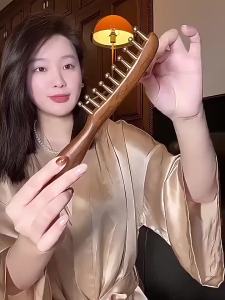 10-Teeth Copper Wood Head Meridian Comb&Brass Lotus Eye Massage StickFor Scalp&Body GuashaLong Hair Head Therapy Meridian comb