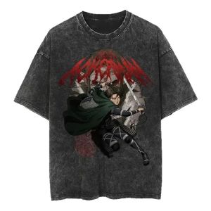 Bandai | Attack on Titan Mens and Womens Washed T-Shirt Levi Ackerman Summer and Spring Anime Cotton Tee Retro Distressed Short Sleeve