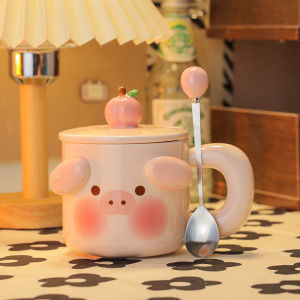 Cute Pig Ceramic Mugs Gift for Students Couple Birthday Pair of Lovely Mugs with Lid Spoon High Aesthetic Value by Mmmx10