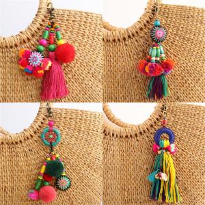 1Pc Flower Charms Keychains Wooden Beads with Pompom Keyring Colorful Jewelry Boho Style