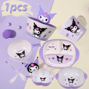 1pcs Sanrio Kulomi Tableware Cute Spoon Cartoon With Handle Cup Food Grade Eating Plate And Bowl Anti-Fall Heat-Proof Dinnerware