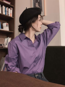 Elegant Pure Cotton Purple Womens Shirt Korean Style Polo Collar Long Sleeve Spring Fashion Inner Wear Light Luxury