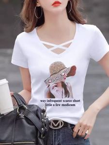 Áo Thun Nữ Tay Ngắn Màu Trắng Mùa Hè Thời Trang Phong Cách Hàn Quốc Cổ Chữ V Khoét Sâu in Chữ Bó Sát Chống Trượt