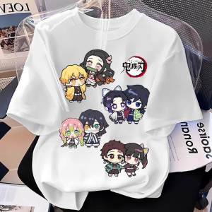 Bandai | New Summer "Demon Slayer" Cartoon Print Pure Cotton Boys and Girls Round-neck Casual Short-sleeved Loose-fitting Shirt